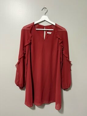 BCBGeneration Ruffle Trimmed Long Sleeve Chiffon Blouse Auburn